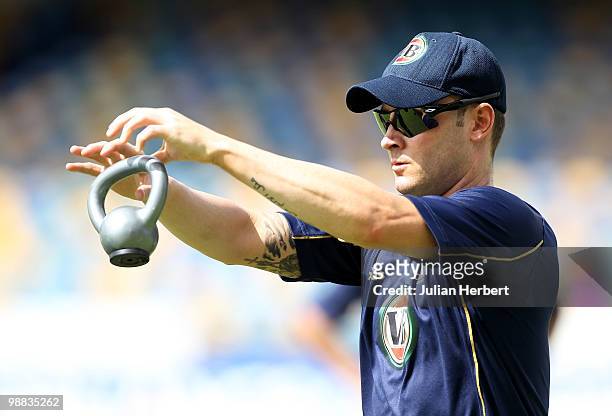 Michael Clarke of The Australian World Twenty20 team takes part in a nets session at The Kensington Oval on May 4, 2010 in Bridgetown, Barbados.