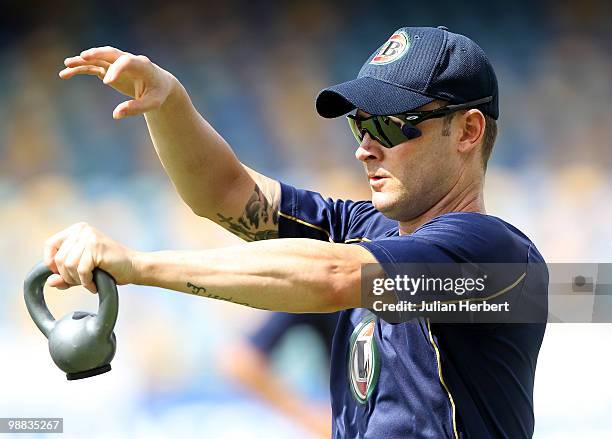 Michael Clarke of The Australian World Twenty20 team takes part in a nets session at The Kensington Oval on May 4, 2010 in Bridgetown, Barbados.