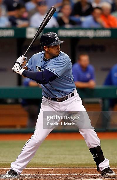 Infielder Jason Bartlett of the Tampa Bay Rays bats against the Kansas City Royals during the game at Tropicana Field on May 2, 2010 in St....