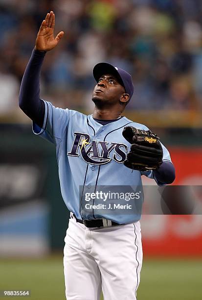 Relief pitcher Rafael Soriano of the Tampa Bay Rays reacts after earning a save against the Kansas City Royals during the game at Tropicana Field on...