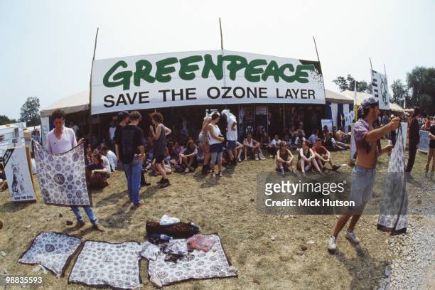 The Greenpeace stand at the Glastonbury Festival in Pilton, Somerset, England, June 1992.