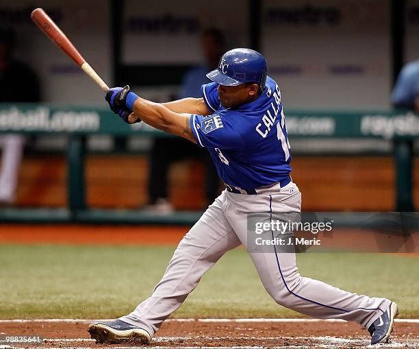 Infielder Alberto Callaspo of the Kansas City Royals fouls off a pitch against the Tampa Bay Rays during the game at Tropicana Field on May 2, 2010...