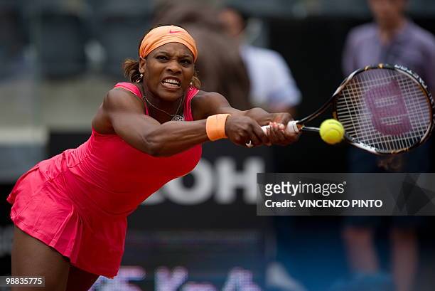 Serena Williams returns a backhand to Swiss Timea Bacsinszky during their third round match of the WTA Rome Open on May 4, 2010 at the Foro Italico...