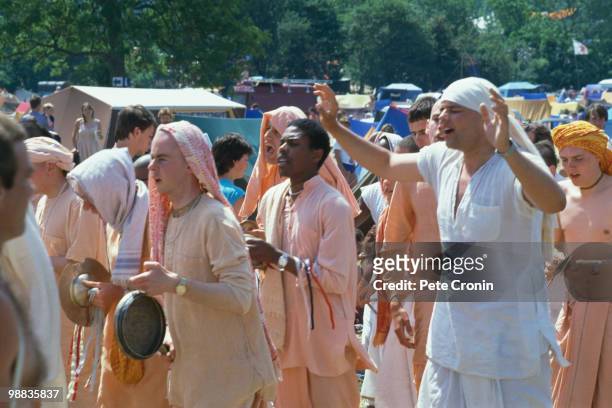 Hare Krishna devotees at the Glastonbury Festival in England, June 1983.