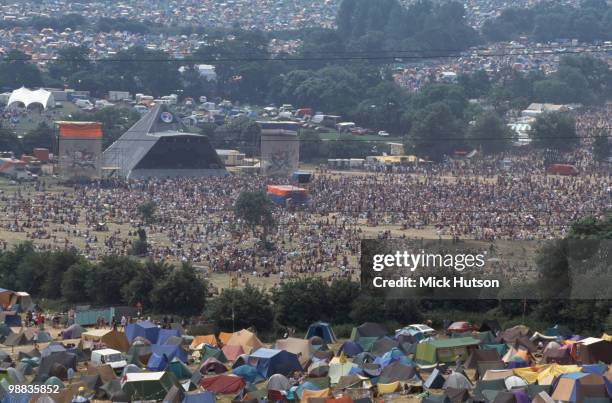 The Pyramid stage, audience and tents at the Glastonbury Festival in June 1992.