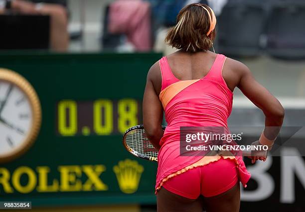 Serena Williams serves to Switzerland's Timea Bacsinszky during their third round match of the WTA Rome Open on May 4, 2010 at the Foro Italico in...