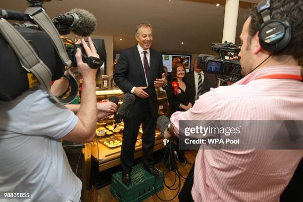 Former Prime Minister Tony Blair addresses supporters as he makes a visit to the Rams Head Inn, in support of Phil Woolas, the Labour candidate for...