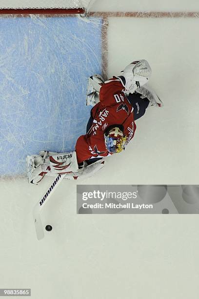 Semyon Varlamov of the Washington Capitals makes a save against the Montreal Canadiens during Game Seven of the Eastern Conference Quarterfinals of...