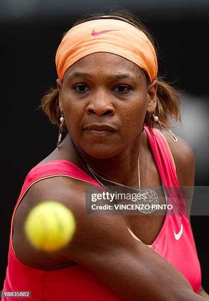 Serena Williams returns a backhand to Switzerland's Timea Bacsinszky during their third round match of the WTA Rome Open on May 4, 2010 at the Foro...