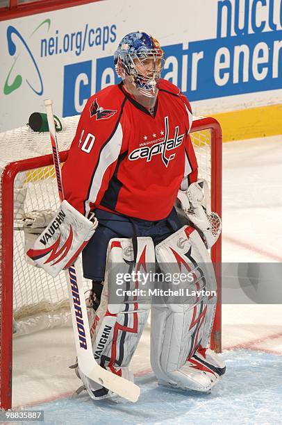 Semyon Varlamov of the Washington Capitals looks on against the Montreal Canadiens during Game Seven of the Eastern Conference Quarterfinals of the...