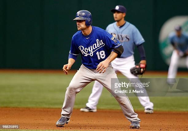 Catcher Jason Kendall of the Kansas City Royals leads off second base against the Tampa Bay Rays during the game at Tropicana Field on May 2, 2010 in...