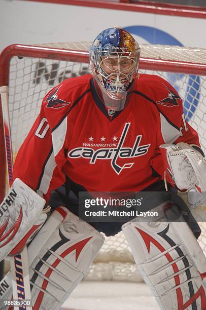 Semyon Varlamov of the Washington Capitals looks on against the Montreal Canadiens during Game Seven of the Eastern Conference Quarterfinals of the...