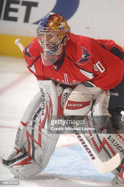 Semyon Varlamov of the Washington Capitals looks on against the Montreal Canadiens during Game Seven of the Eastern Conference Quarterfinals of the...