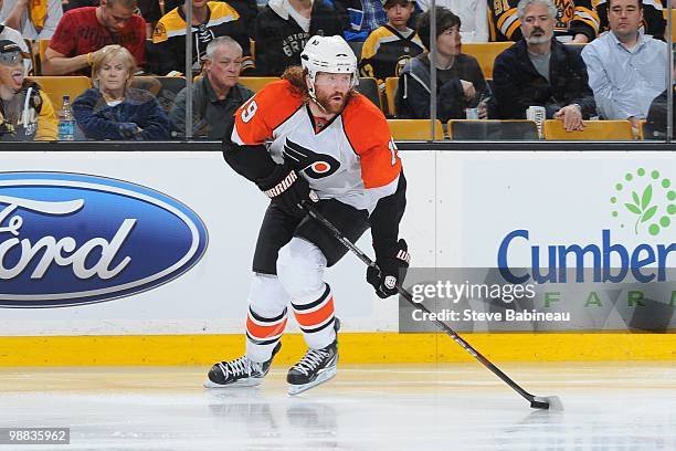 Scott Hartnell of the Philadelphia Flyers skates with the puck against the Boston Bruins in Game Two of the Eastern Conference Semifinals during the...