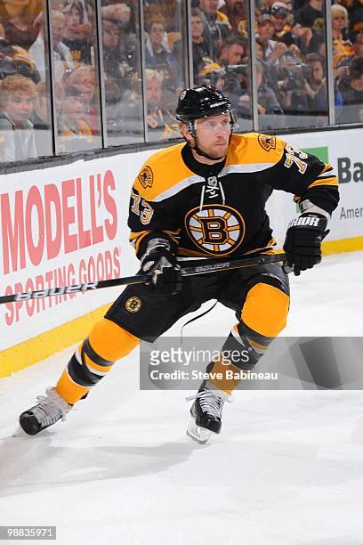 Michael Ryder of the Boston Bruins watches the play against the Philadelphia Flyers in Game Two of the Eastern Conference Semifinals during the 2010...