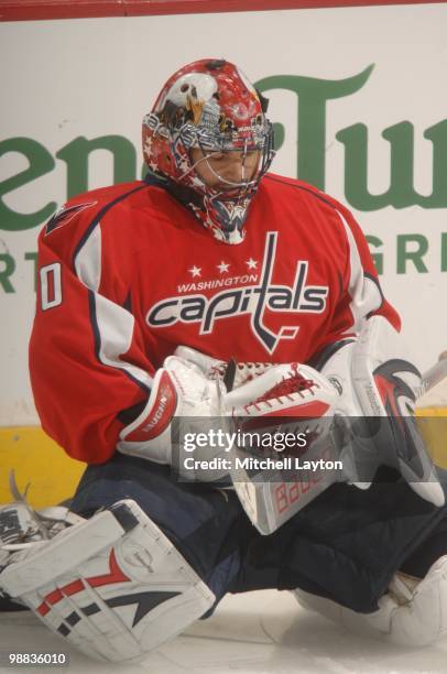 Jose Theodore of the Washington Capitals looks on against the Montreal Canadiens during Game Seven of the Eastern Conference Quarterfinals of the...