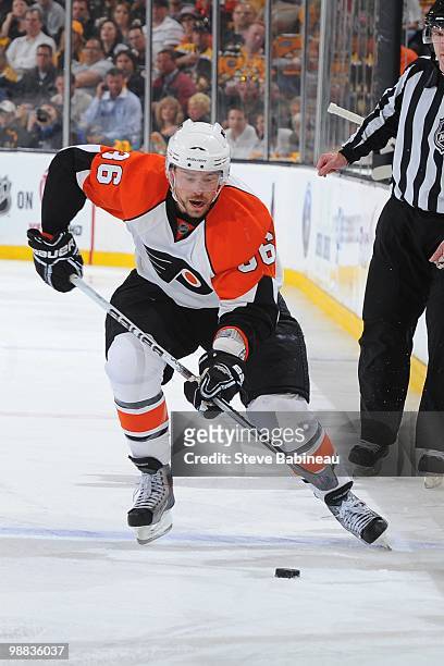 Darroll Powe of the Philadelphia Flyers skates with the puck against the Boston Bruins in Game Two of the Eastern Conference Semifinals during the...