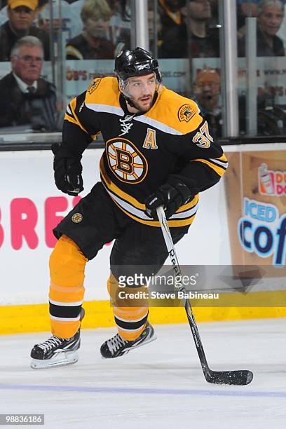 Patrice Bergeron of the Boston Bruins skates up the ice against the Philadelphia Flyers in Game Two of the Eastern Conference Semifinals during the...