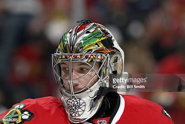 Goalie Cristobal Huet of the Chicago Blackhawks waits for play to begin at Game One of the Western Conference Semifinals against the Vancouver...