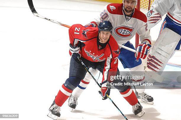 Brooks Laich of the Washington Capitals looks for a passa against the Montreal Canadiens during Game Seven of the Eastern Conference Quarterfinals of...