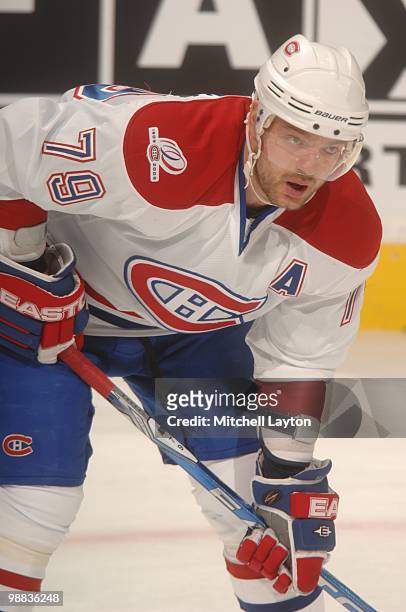 Andrei Markov of the Montreal Canadiens looks on against the Washington Capitals during Game Seven of the Eastern Conference Quarterfinals of the...