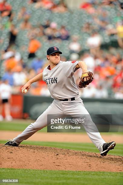 Jonathan Papelbon of the Boston Red Sox pitches against the Baltimore Orioles at Camden Yards on May 2, 2010 in Baltimore, Maryland.