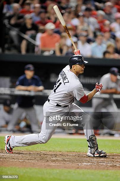 Victor Martinez of the Boston Red Sox bats against the Baltimore Orioles at Camden Yards on May 1, 2010 in Baltimore, Maryland.