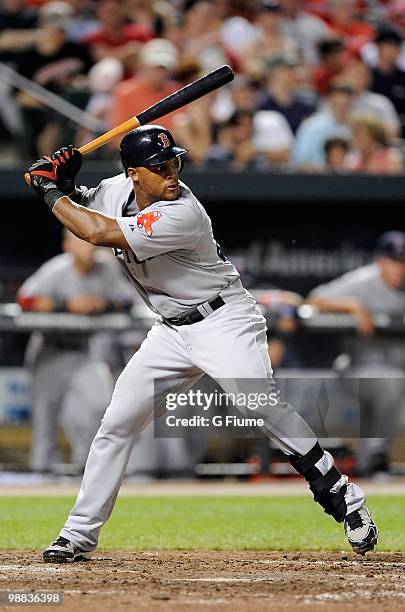 Adrian Beltre of the Boston Red Sox bats against the Baltimore Orioles at Camden Yards on May 1, 2010 in Baltimore, Maryland.