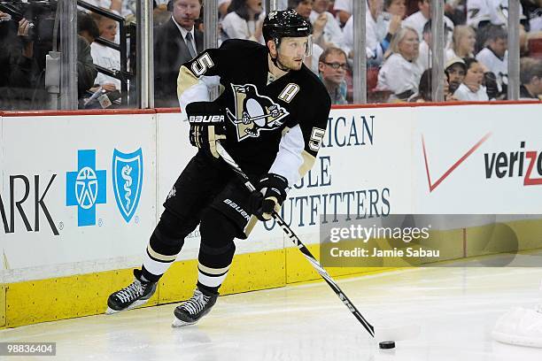 Sergei Gonchar of the Pittsburgh Penguins skates with the puck against the Montreal Canadiens in Game Two of the Eastern Conference Semifinals during...