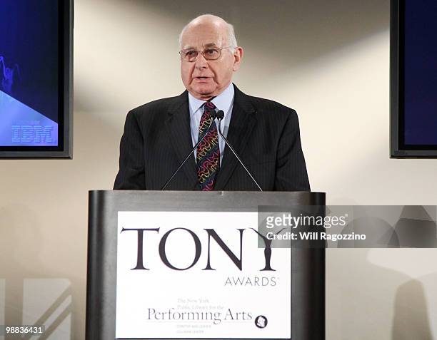 Paul Libin, Chairman of The Broadway League, speaks prior to the announcement of the 64th Annual Tony Award nominations at The New York Public...