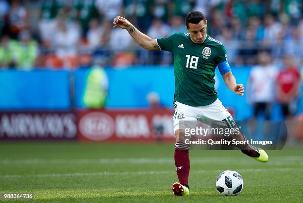 Andres Guardado of Mexico in action during the 2018 FIFA World Cup Russia group F match between Mexico and Sweden at Ekaterinburg Arena on June 27,...
