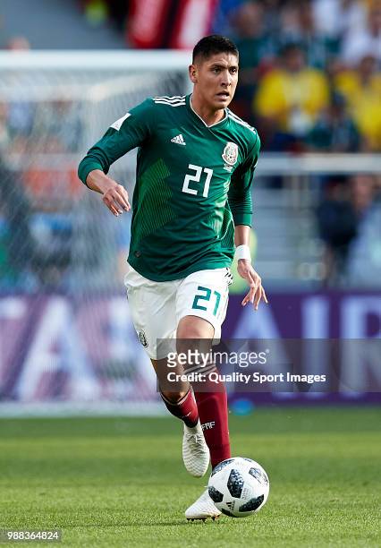 Edson Alvarez of Mexico runs with the ball during the 2018 FIFA World Cup Russia group F match between Mexico and Sweden at Ekaterinburg Arena on...
