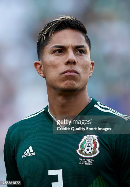 Carlos Salcedo of Mexico looks on prior to the 2018 FIFA World Cup Russia group F match between Mexico and Sweden at Ekaterinburg Arena on June 27,...