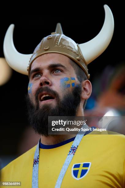 Sweden fan enjoys the pre match atmosphere prior to the 2018 FIFA World Cup Russia group F match between Mexico and Sweden at Ekaterinburg Arena on...