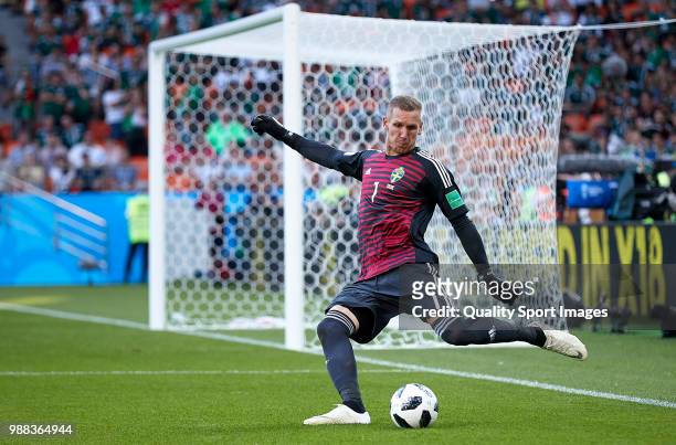 Robin Olsen of Sweden in action during the 2018 FIFA World Cup Russia group F match between Mexico and Sweden at Ekaterinburg Arena on June 27, 2018...