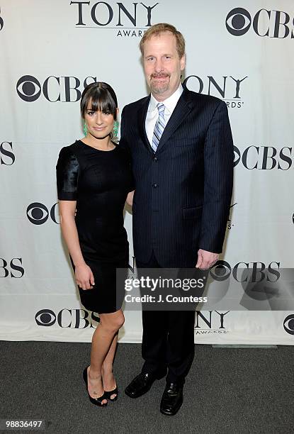 Actress Lea Michele and actor Jeff Daniels pose for a photo backstage prior to the announcement of the 2010 Tony Awards nominations at The New York...