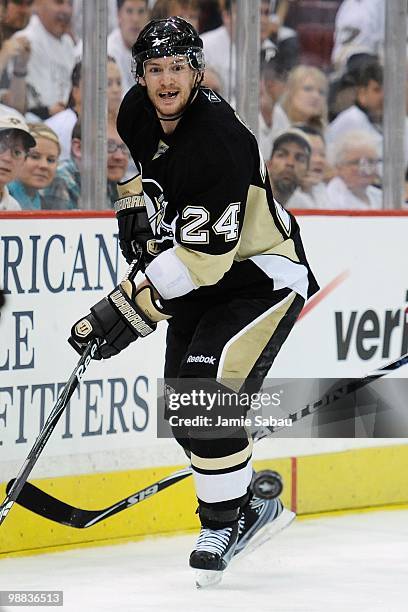 Matt Cooke of the Pittsburgh Penguins skates with the puck against the Montreal Canadiens in Game Two of the Eastern Conference Semifinals during the...