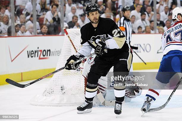 Craig Adams of the Pittsburgh Penguins skates against the Montreal Canadiens in Game Two of the Eastern Conference Semifinals during the 2010 NHL...