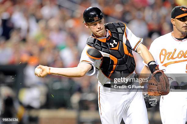 Matt Wieters of the Baltimore Orioles throws the ball to first base against the Boston Red Sox at Camden Yards on May 1, 2010 in Baltimore, Maryland.