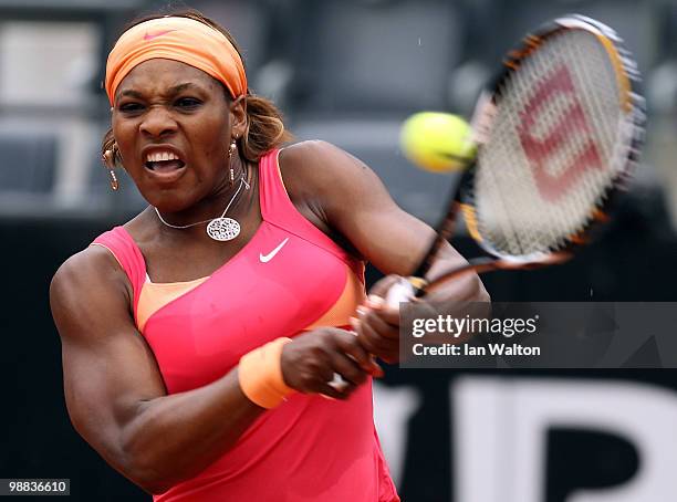 Serena Williams of USA in action against Timea Bacsinszky of Switzerland during Day Two of the Sony Ericsson WTA Tour at the Foro Italico Tennis...