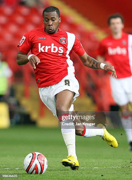 Therry Racon of Charlton in action during the Coca Cola League One match between Charlton Athletic and Leeds United at The Valley on May 01, 2010 in...