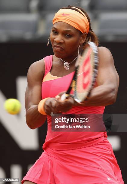 Serena Williams of USA in action against Timea Bacsinszky of Switzerland during Day Two of the Sony Ericsson WTA Tour at the Foro Italico Tennis...