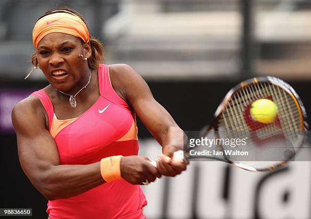 Serena Williams of USA in action against Timea Bacsinszky of Switzerland during Day Two of the Sony Ericsson WTA Tour at the Foro Italico Tennis...