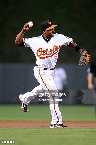 Miguel Tejada of the Baltimore Orioles throws the ball to first base against the Boston Red Sox at Camden Yards on May 1, 2010 in Baltimore, Maryland.