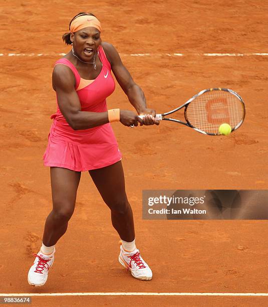 Serena Williams of USA in action against Timea Bacsinszky of Switzerland during Day Two of the Sony Ericsson WTA Tour at the Foro Italico Tennis...