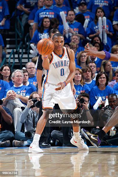 Russell Westbrook of the Oklahoma City Thunder looks for an open pass in Game Six of the Western Conference Quarterfinals of the Los Angeles Lakers...