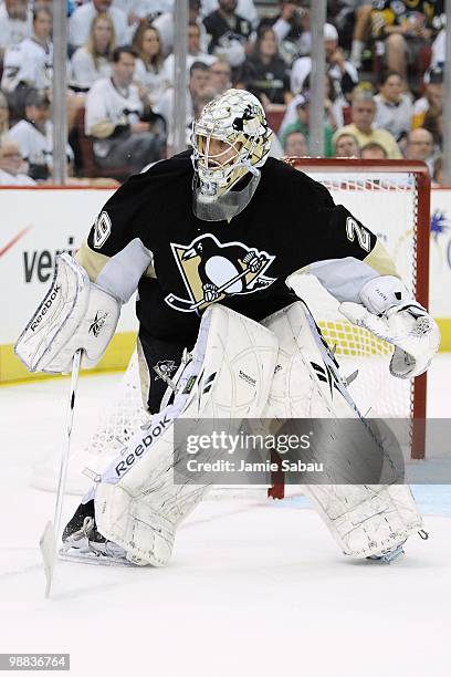 Marc-Andre Fleury of the Pittsburgh Penguins guards the net against the Montreal Canadiens in Game Two of the Eastern Conference Semifinals during...