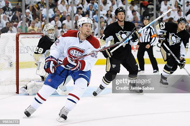 Travis Moen of the Montreal Canadiens skates against the Pittsburgh Penguins in Game Two of the Eastern Conference Semifinals during the 2010 NHL...