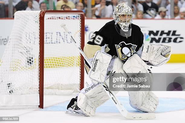 Marc-Andre Fleury of the Pittsburgh Penguins guards the net against the Montreal Canadiens in Game Two of the Eastern Conference Semifinals during...