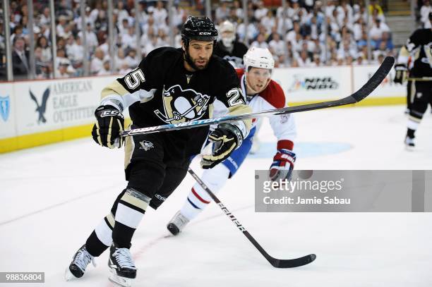 Maxime Talbot of the Pittsburgh Penguins skates against the Montreal Canadiens in Game Two of the Eastern Conference Semifinals during the 2010 NHL...